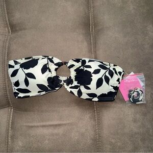 🆕 Kate Spade New York Floral Bandeau Bikini Top Size S Black White Ring Swim